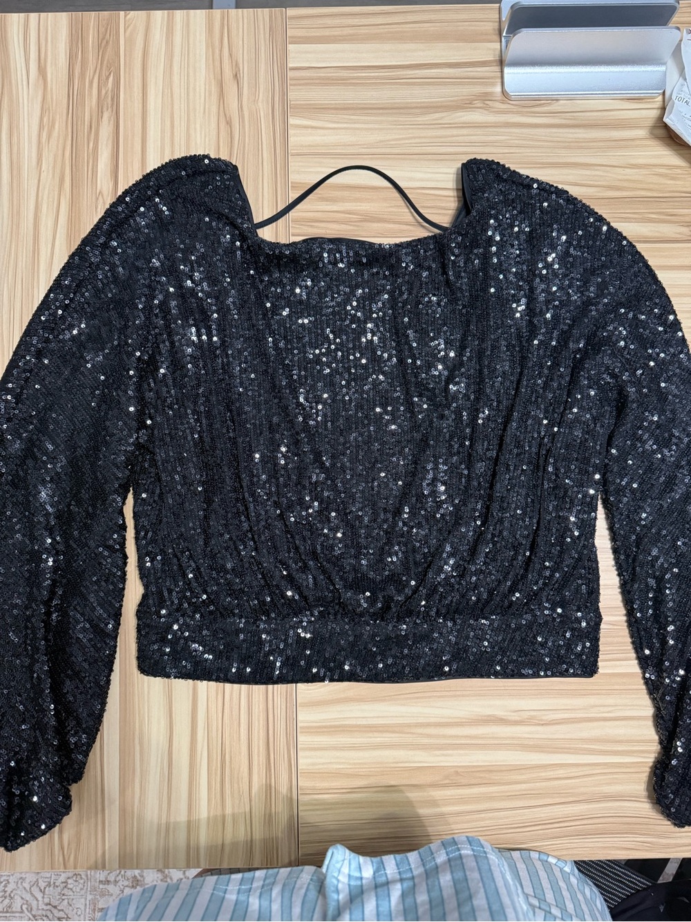 Express Black Sequin Cropped Long-Sleeve Top